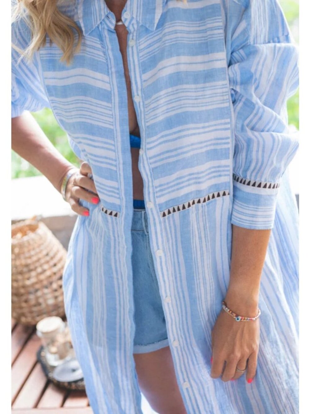 SMALL H&M Lemlem Blue Stripe Linen Shirtdress Boho Beach Dress